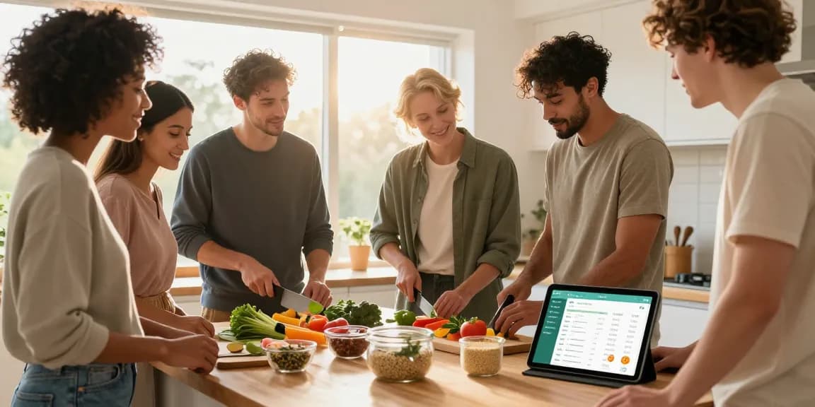 Group meal prepping in a bright kitchen while using the best food tracker app.