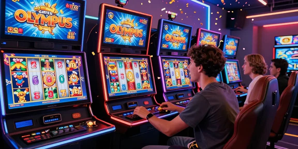 Pemain raja receh menikmati slot online dengan grafis berwarna-warni dan suasana ceria.