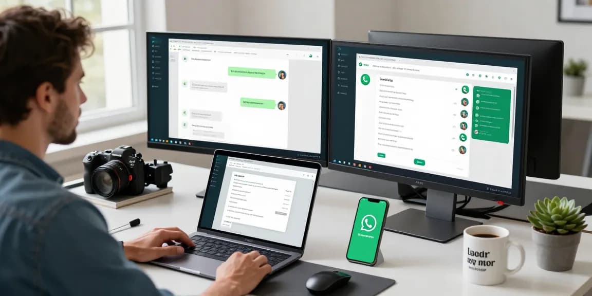 Engaged user on WhatsApp網頁版 in a modern workspace, showcasing productivity tools and chat interface.