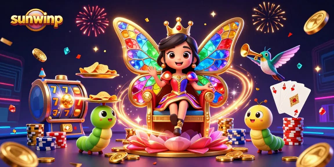 Engage with sunwinp's animated casino action showcasing a vibrant butterfly queen and thrilling slot games.