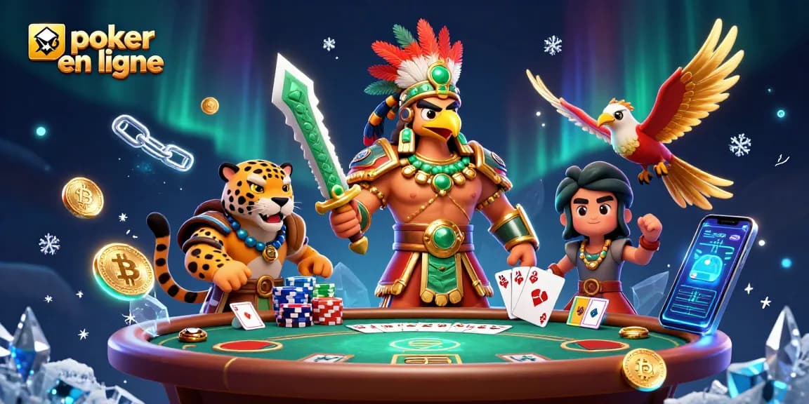 Jouez au poker en ligne avec des cartes et des jetons sur cette illustration colorée.