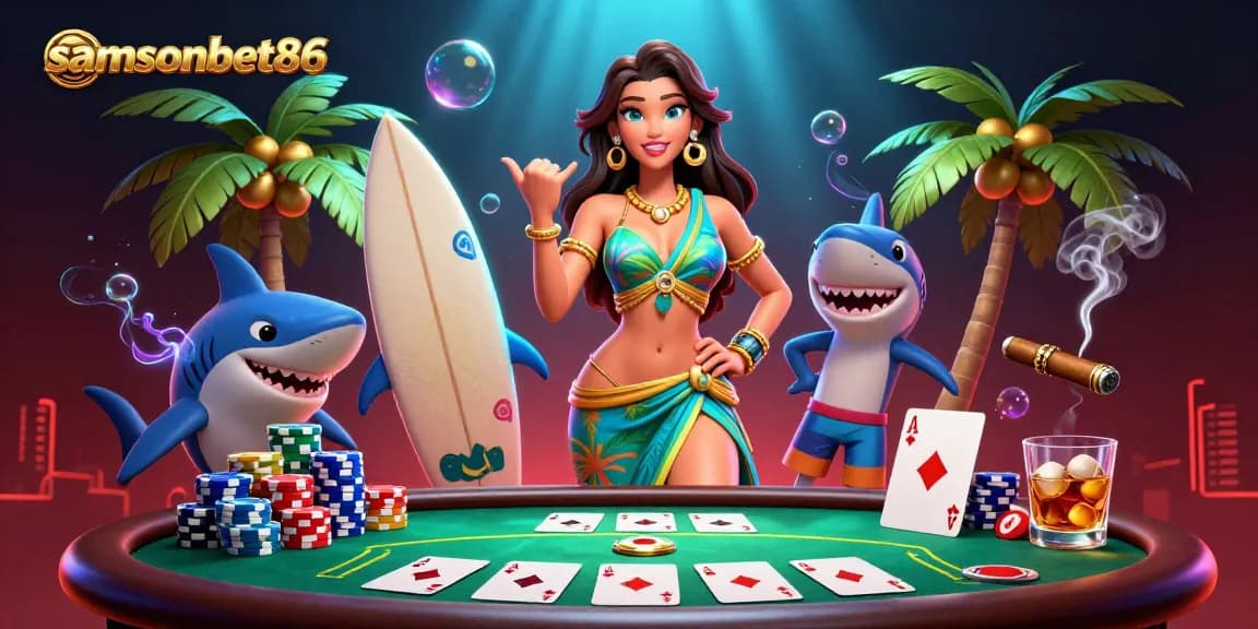 Experience winning moments at samsonbet86 with a vibrant 3D gambling scene featuring cards and festive elements.