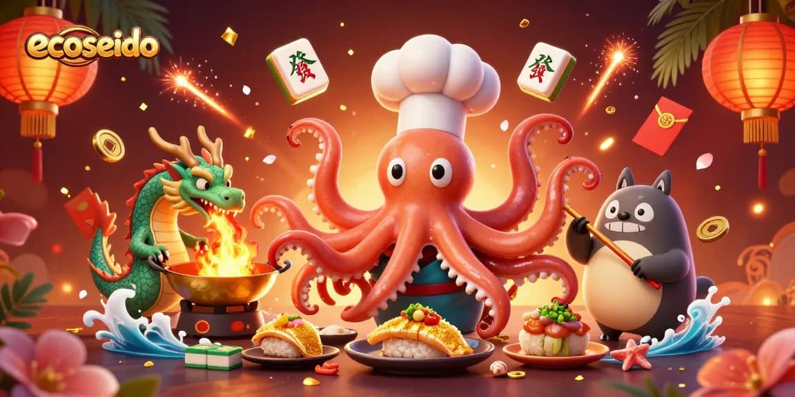 Spin to win with ecoseido’s vibrant illustration of an octopus sushi chef and gaming elements.