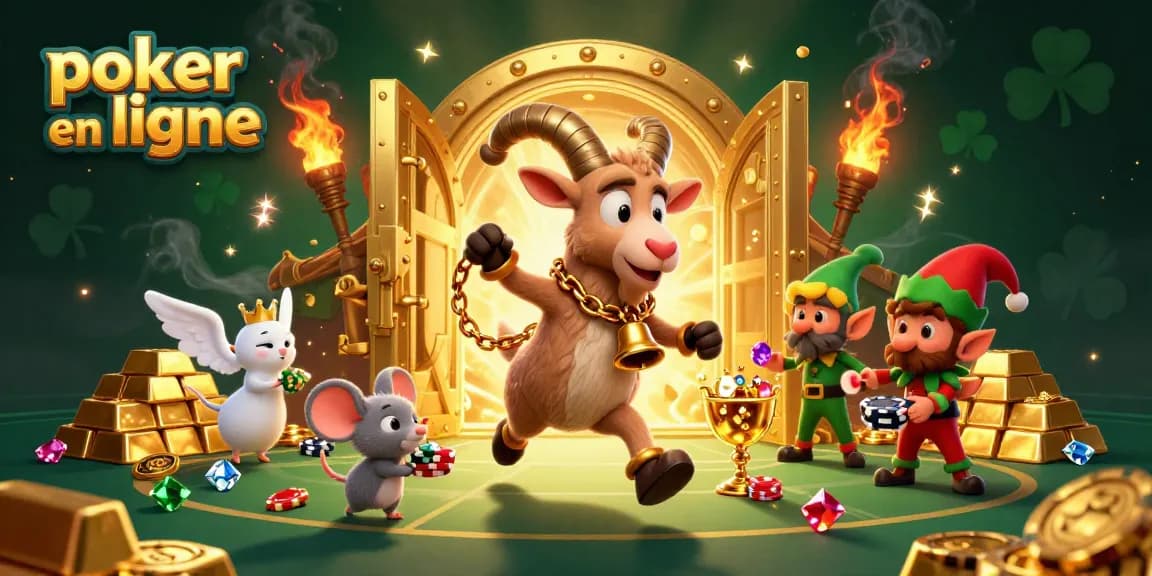 Le poker en ligne fait fureur avec cette illustration d'un casino festif où des personnages luttent pour préserver l'ordre pendant que des gremlins volent des jetons.
