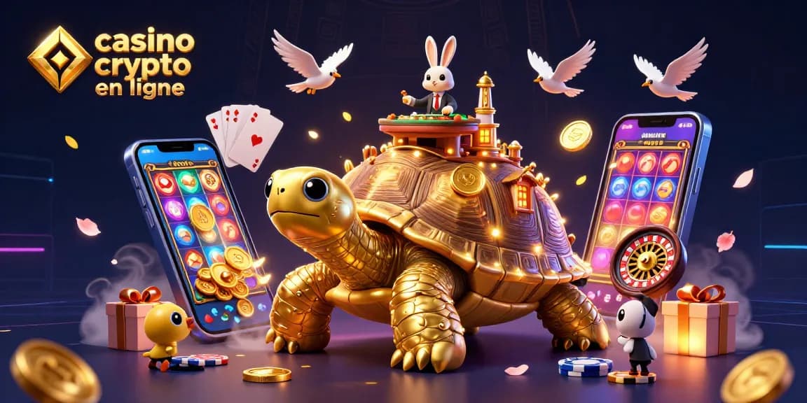 Retrouvez le plaisir du casino crypto en ligne avec une illustration 3D captivante, mettant en avant tortue dorée et croupier.