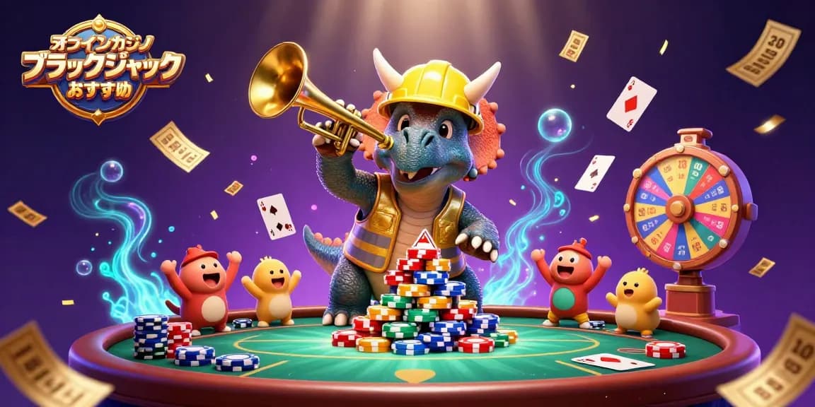オンラインカジノ ブラックジャック おすすめでポーカーゲームを楽しむトリケラトプスのイラスト