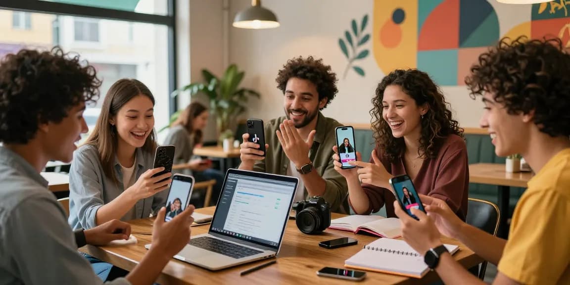Engaged group discussing how to buy TikTok views package in a vibrant café setting.
