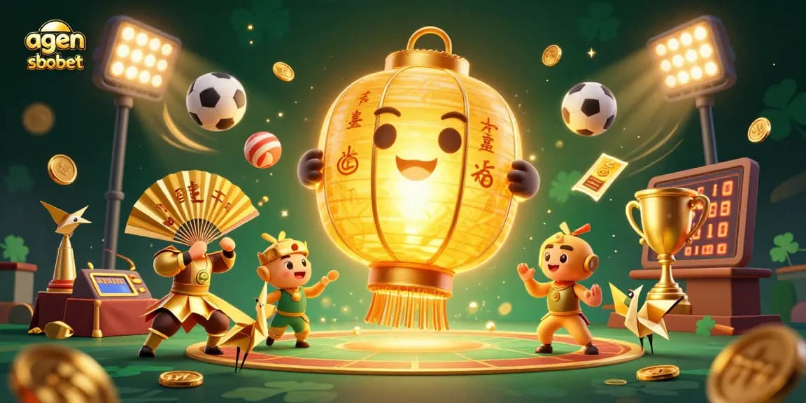 Mengayunkan agen sbobet dengan simbol keberuntungan dan elemen olahraga yang dinamis di kasino malam.