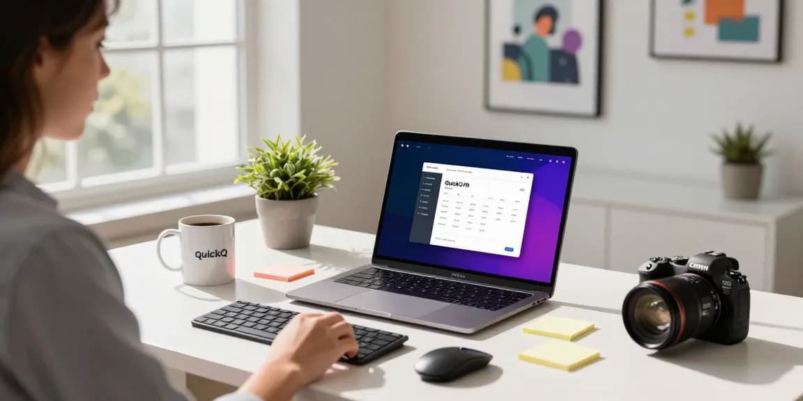 专注的专业人士在现代家办公桌上使用 QuickQ VPN，周围环绕着充满活力的装饰。