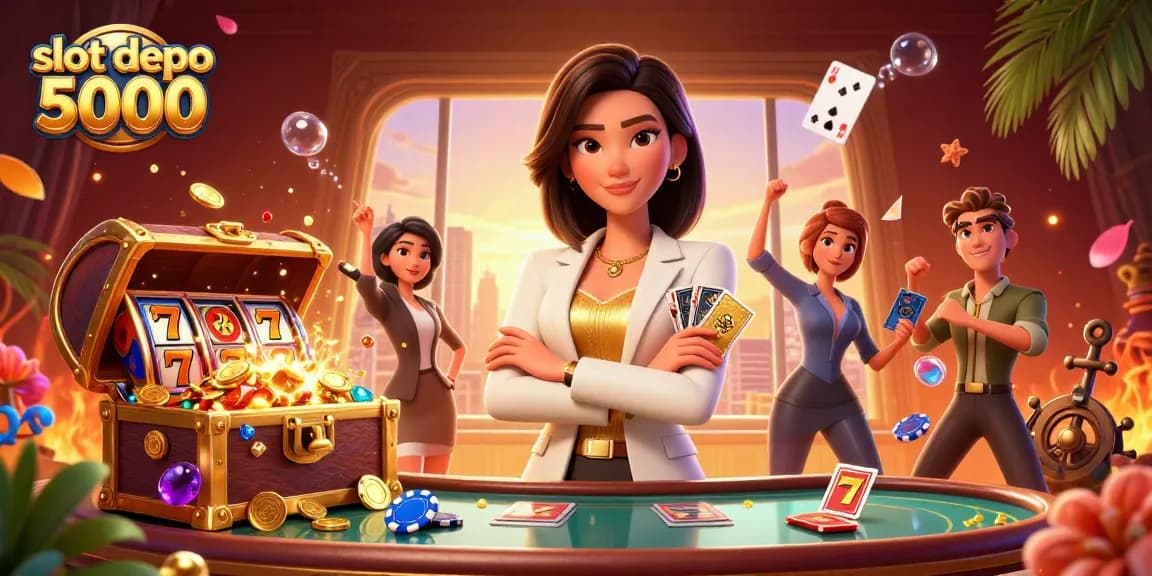 Winning on slot depo 5000 while an elegant woman holds a golden deck of cards surrounded by vibrant gaming elements.