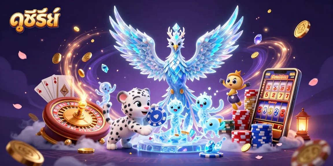 Engage with ดูซีรี่ย์ while enjoying a dynamic scene featuring playful characters, poker chips, and captivating gaming elements.