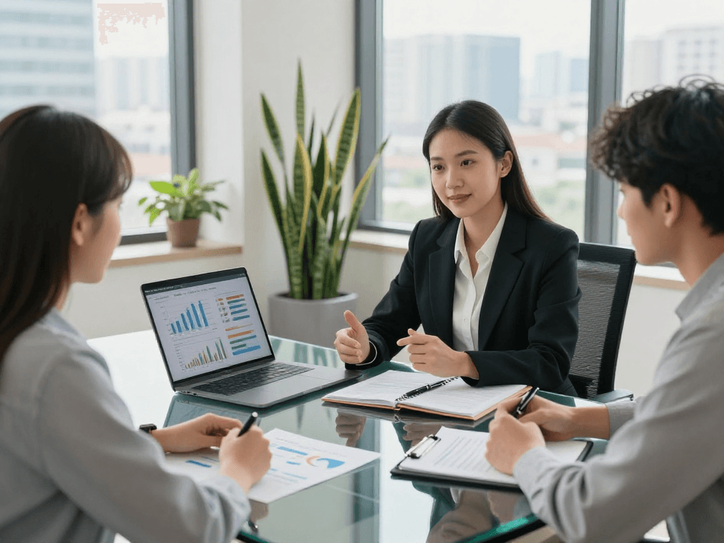 Young couple consulting a financial advisor at https://koperasisantun.com/ reviewing investment strategies in a modern office