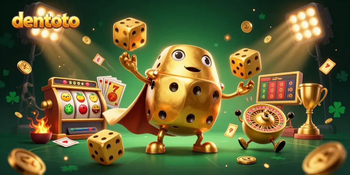 Experience the excitement of dentoto with a massive golden dice golem surrounded by dynamic casino elements.