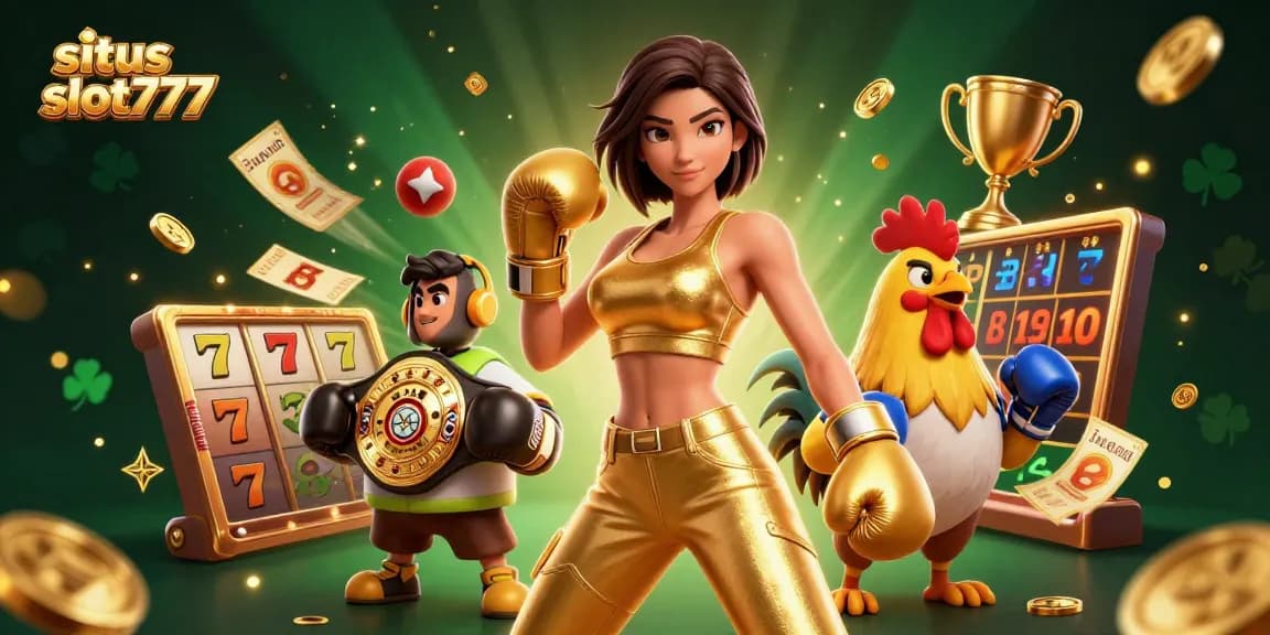 Situs slot777 features an athletic woman and a championship rooster in a vibrant online casino scene.