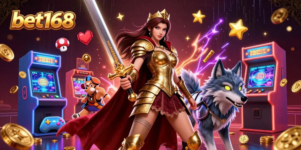 Experience thrilling gaming action at bet168 with a radiant queen and armored wolf amidst vibrant casino elements.