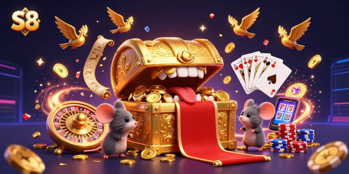 S8 lures adventurers with treasures amidst cascading coins and vibrant chips in an exciting casino scene.