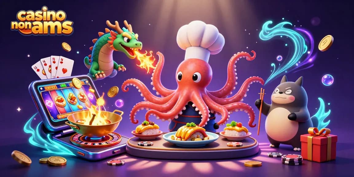Interagisci con il gioco dinamico presso i casinò non AAMS con un vibrante polpo chef di sushi, un drago e un tanuki.