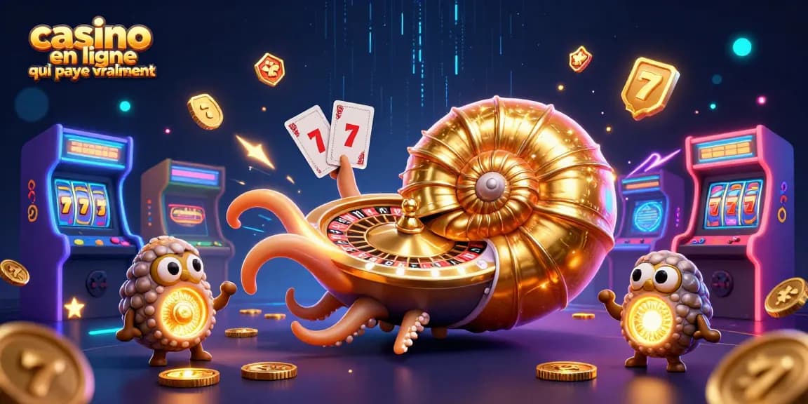 Visuel d'un casino en ligne qui paye vraiment avec un nautilus, machines à sous, et éléments lumineux.