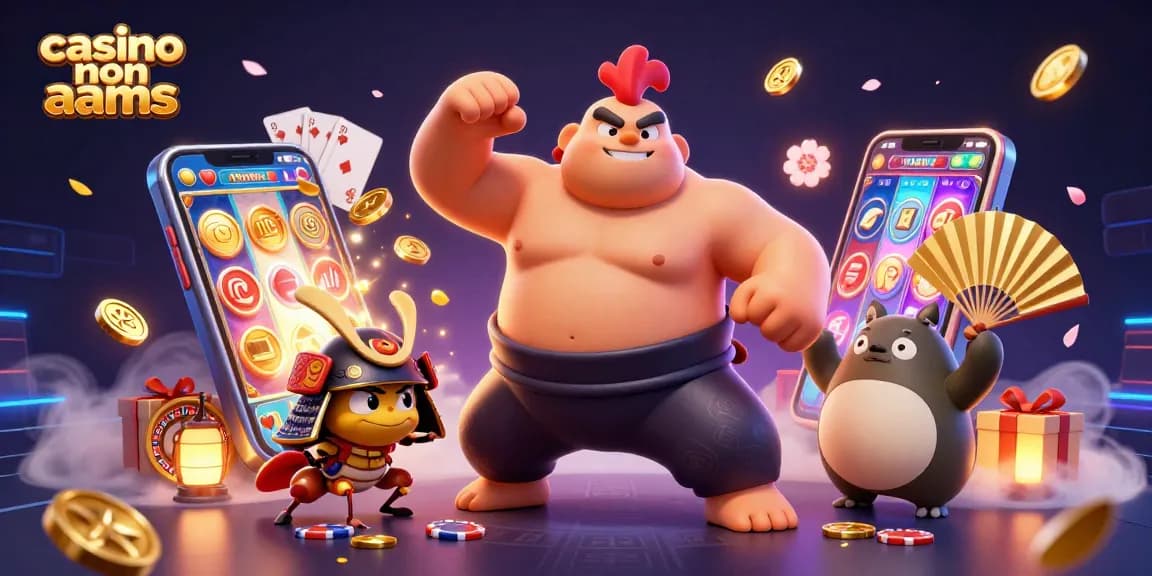 Scena coinvolgente che illustra i casino non AAMS con personaggi che giocano alle slot machine e elementi vibranti.
