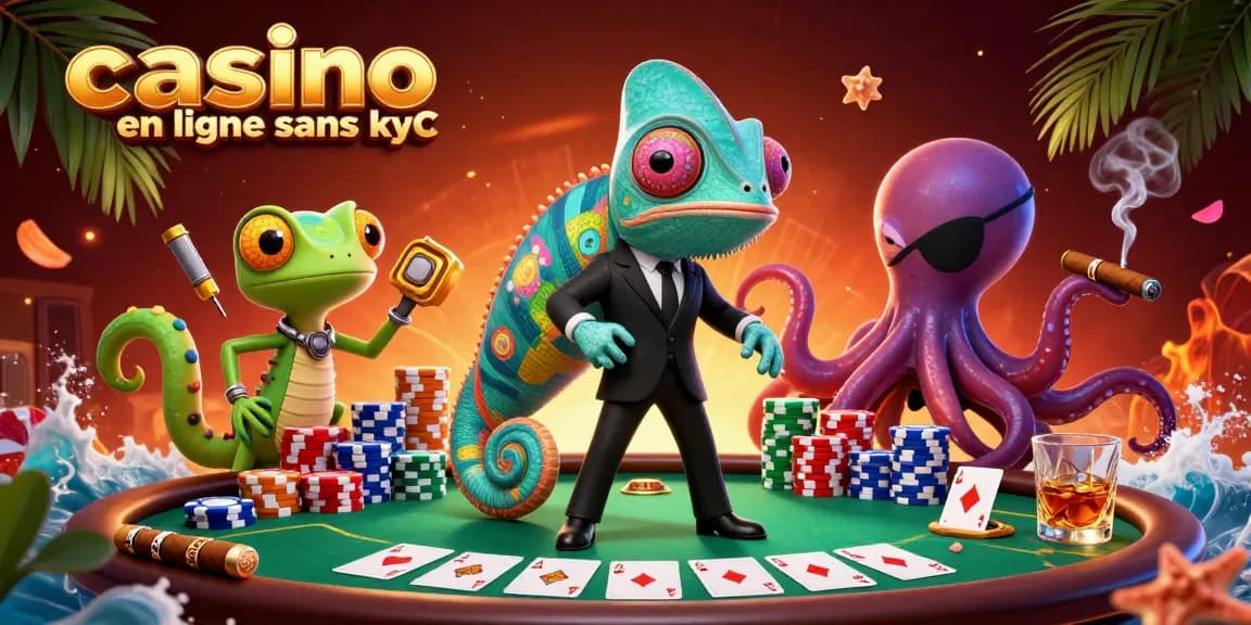 Image dynamique représentant un chameleon agent secret avec des éléments de casino en ligne sans kyc autour de lui, captivant.