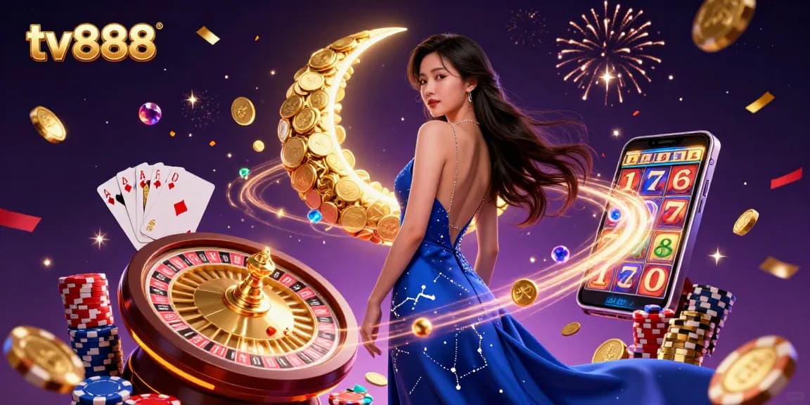 Experience the excitement of winning at tv888 with vibrant casino elements and a stunning lady themed by luck.