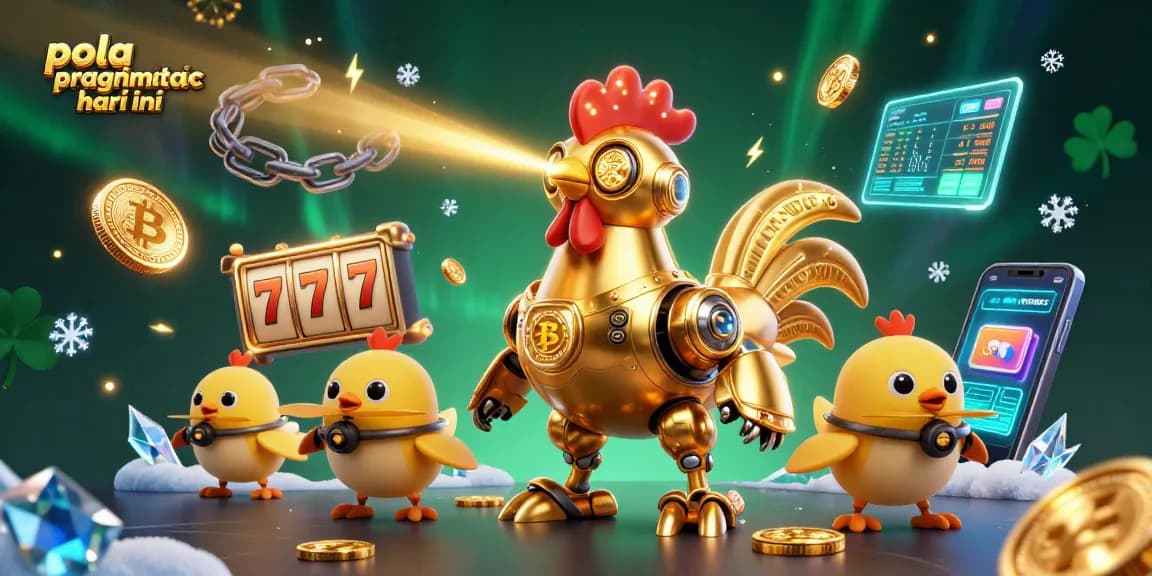 Engaging scene with pola pragmatic hari ini elements featuring golden rooster robot and cryptocurrency coins.