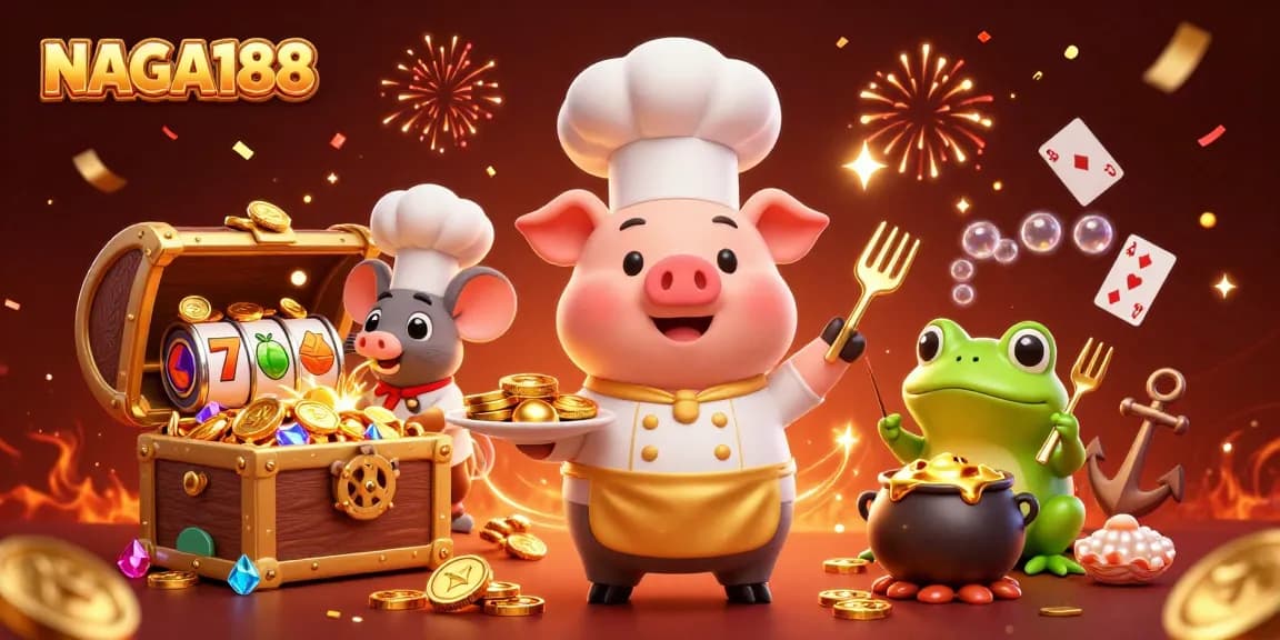 NAGA188 menampilkan ilustrasi kasino online dengan karakter koki, tikus, dan katak di tengah koin emas dan elemen permainan.