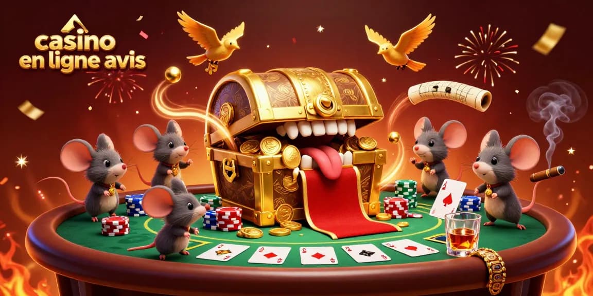 Illustration 3D d'un coffre au trésor doré attirant des souris aventurières, avis de casino en ligne inclus.
