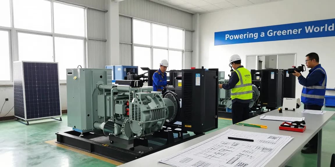 Huaquan Power engineers collaborating on renewable energy generator assembly in a bright industrial setting.