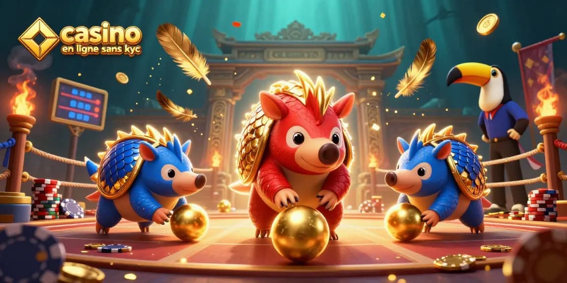 Jouer dans un casino en ligne sans KYC, dans une scène animée avec des pangolins et des jetons de poker.