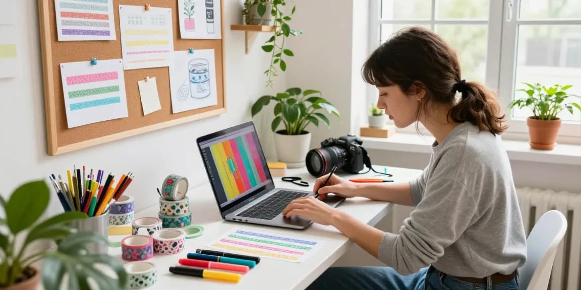 Custom washi tape design session with vibrant colors and crafting materials in a creative workspace.