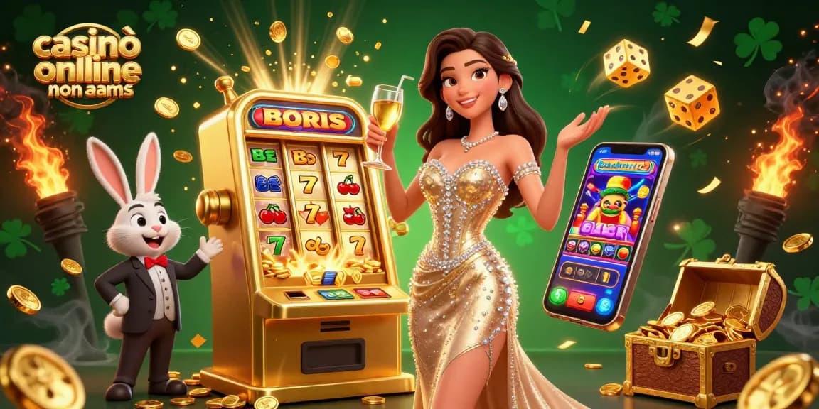 Gioca ai tuoi giochi preferiti presso casinò online non aams con una scena straordinaria che presenta una donna che brinda e una macchina da jackpot.