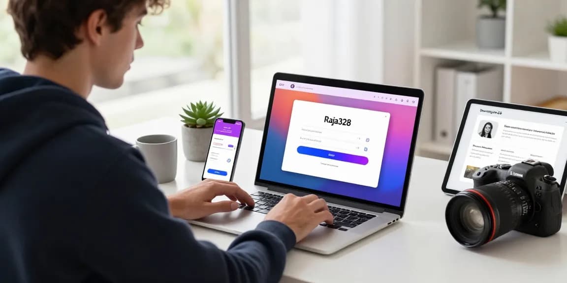 Engaged user navigating the login Raja328 platform on a laptop in a modern workspace.