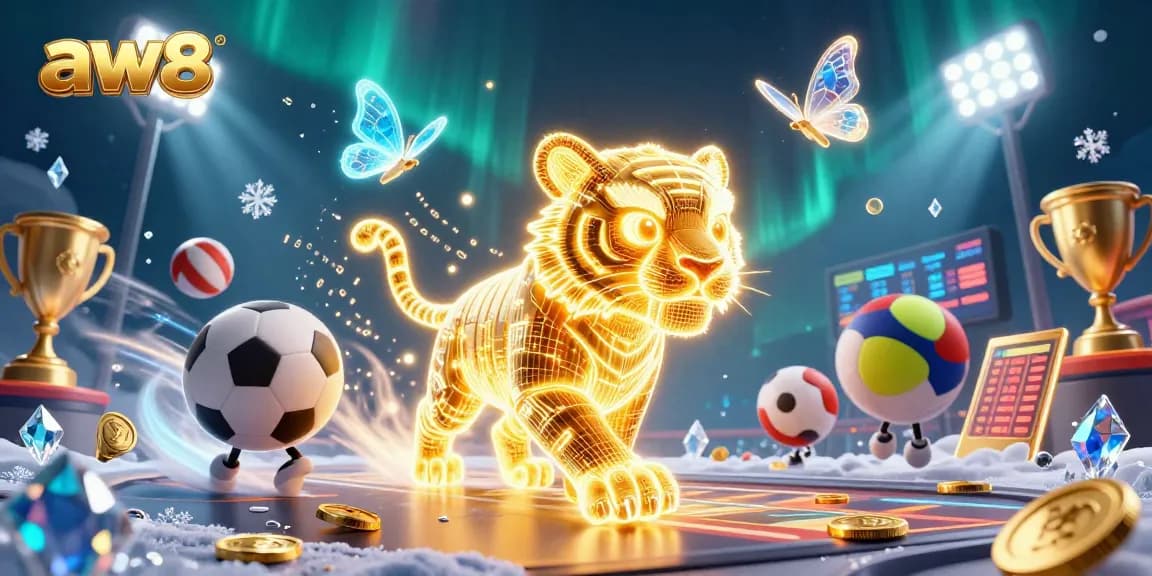Experience thrilling gaming at aw8 with a golden tiger traversing a digital casino landscape surrounded by vibrant elements.