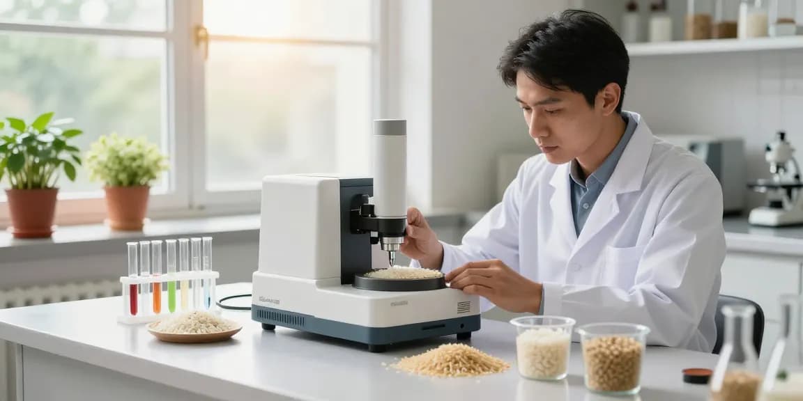 Rice purity test conducted by a food scientist with Basmati samples and analysis tools in a bright kitchen.