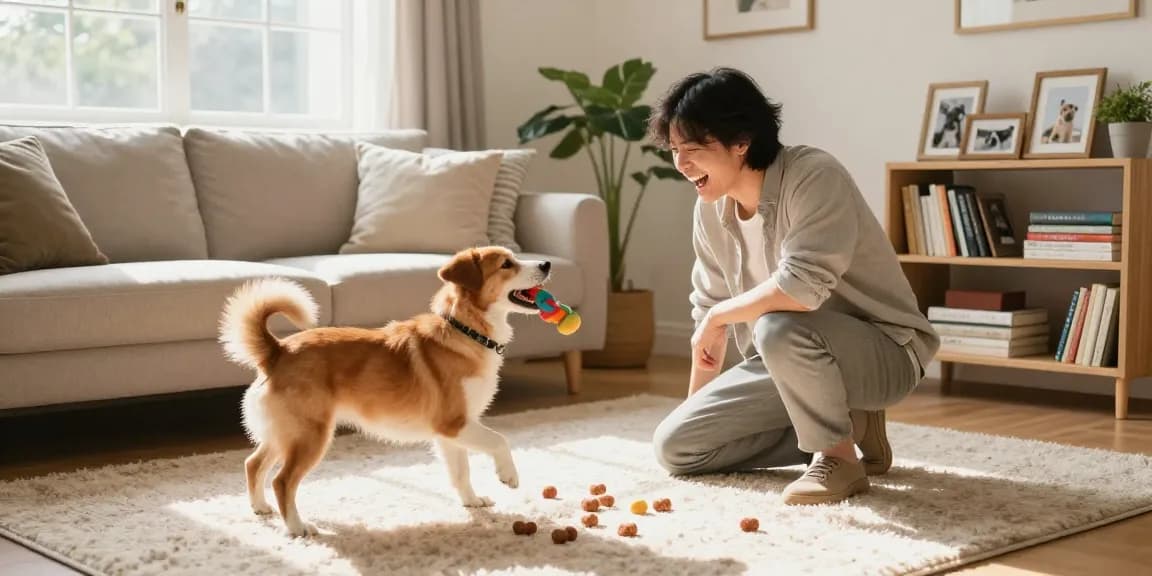 Engaged owner enjoying playful interaction with dog while exploring rokok88 login options in a cozy space.