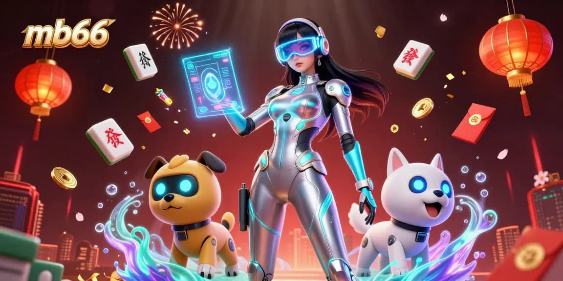 Engage with mb66's vibrant online casino scene featuring a futuristic lady and robot dog in action.