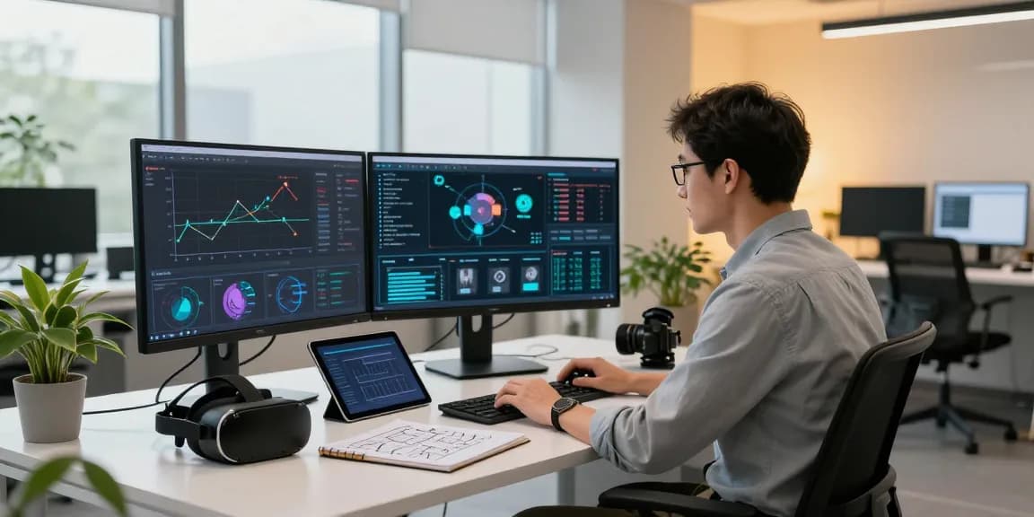 AI detector in action: computer with data visualizations and detection algorithms in a modern office setting.