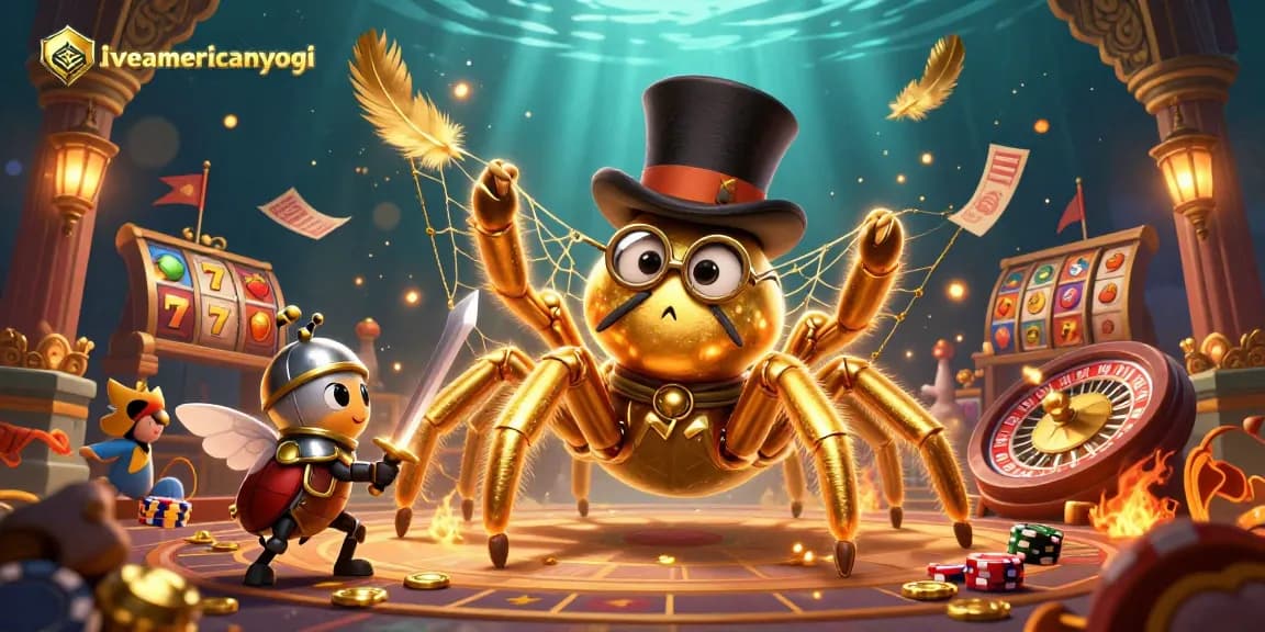 Engage with liveamericanyogi in a vibrant casino scene featuring dynamic slots and golden characters.