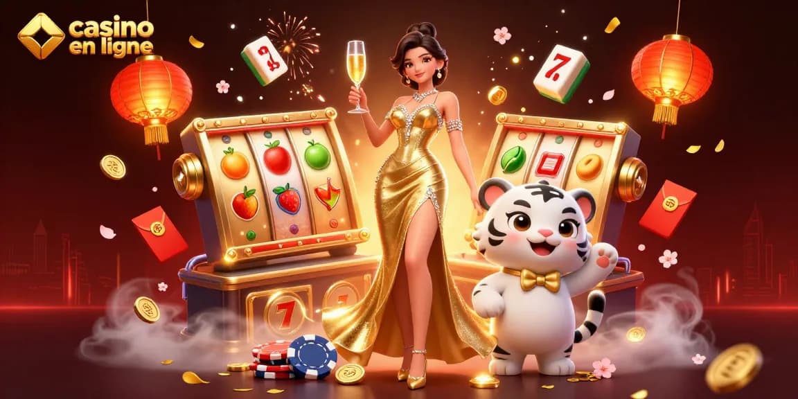 Vivez l'excitation de jouer au casino en ligne avec une femme glamour et un tigre chanceux.