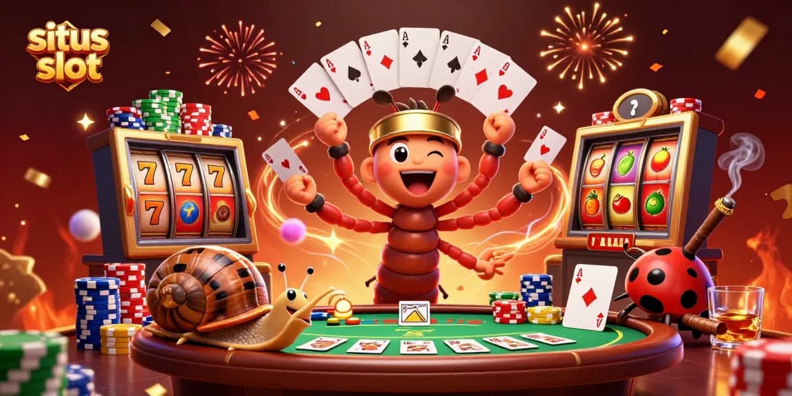 Experience non-stop excitement at situs slot with vibrant characters, slot reels, and playful chip stacks in action.
