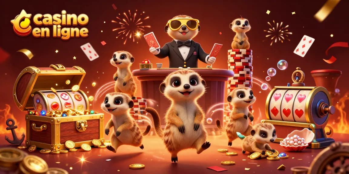 Plongez dans l'univers du casino en ligne avec des suricates animés gérant une opération de jeu dynamique, entourés d'une explosion de trésors et de jeux fascinants.