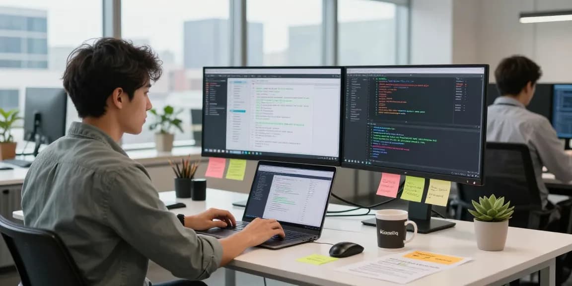 Kinetiq software engineer analyzing data at a modern tech workspace.