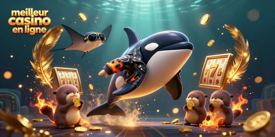 Illustration dynamique capturant le meilleur casino en ligne avec un orque cool et des otaries tenant des pièces d'or.