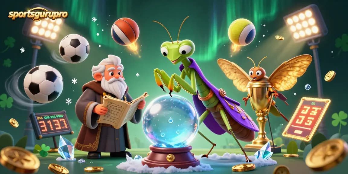 Experience vibrant sports betting action with sportsgurupro's colorful 3D illustration of fortune tellers and sports elements.