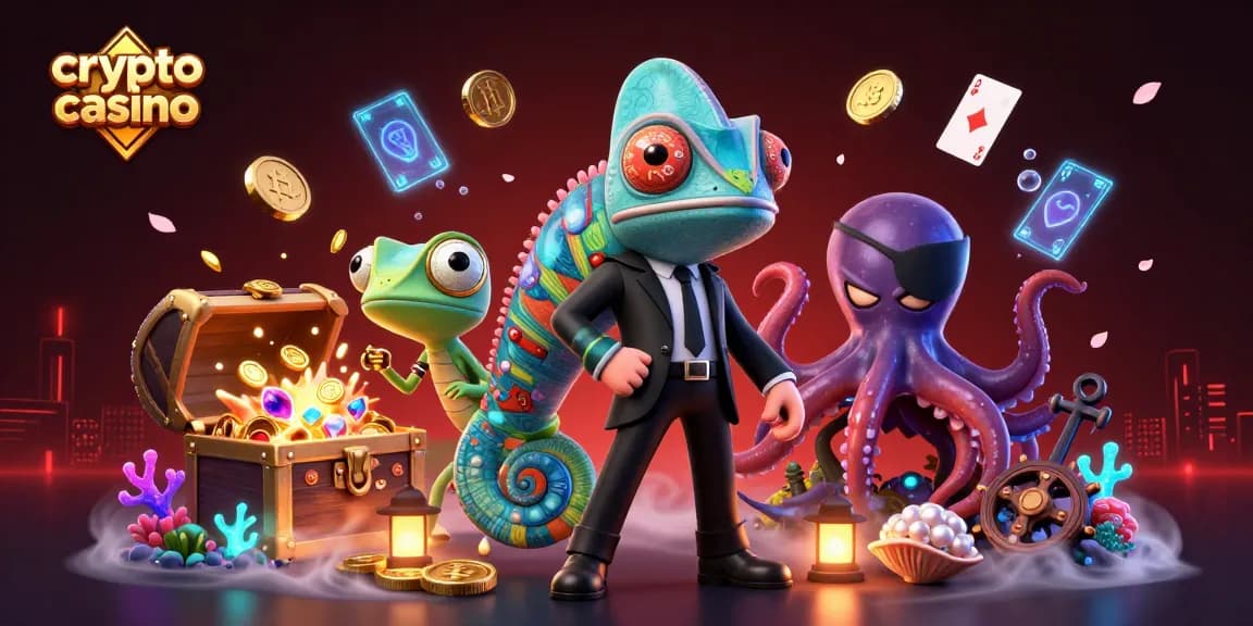 Jouer au crypto casino avec des personnages amusants entourés de pièces Bitcoin et Ethereum.