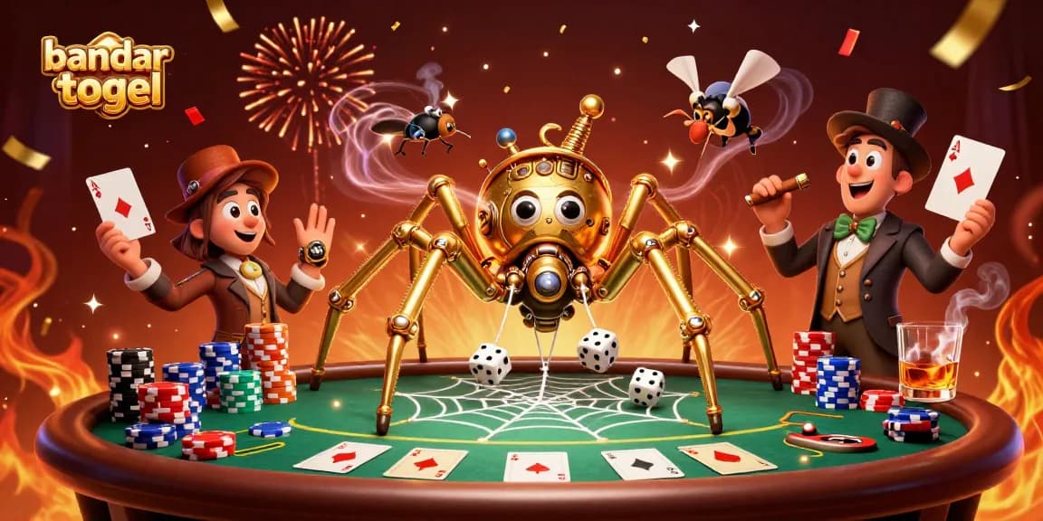 Experience the excitement of bandar togel with a dynamic illustration featuring a golden spider and poker elements.