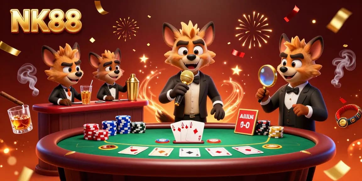 NK88 hyena comedy club scene with vibrant casino elements and rich details in 3D illustration.
