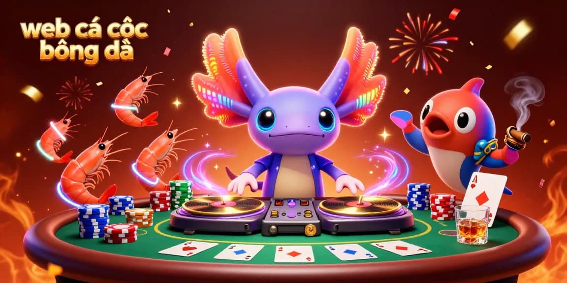 Engaging scene depicting web cá cược bóng đá with a vibrant axolotl DJ and animated shrimp.