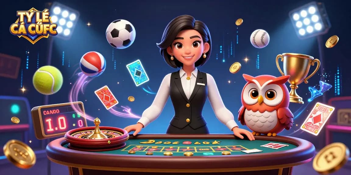 Experience the excitement of TỶ LỆ CÁ CƯỢC with our dynamic 3D casino illustration featuring expert dealers and sports elements.
